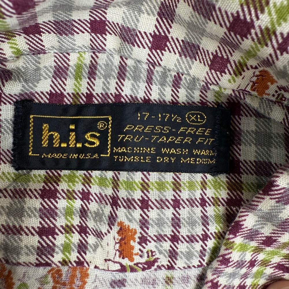 Vintage HIS Mens XL‎ Plaid Horse Carriage Print Button Up Shirt Tru Taper Fit - Picture 4 of 6